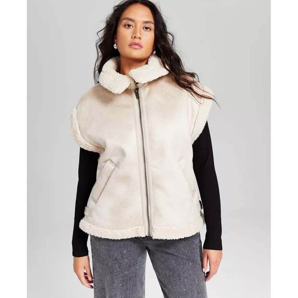 And Now This Cream Faux Fur Trim Sherpa Vest Small Chic Outerwear Layering